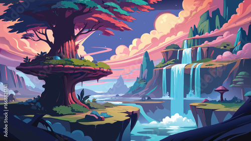 A picturesque view of a waterfall flowing down rocky cliffs, with a lush tree nearby in a mountainous landscape..eps