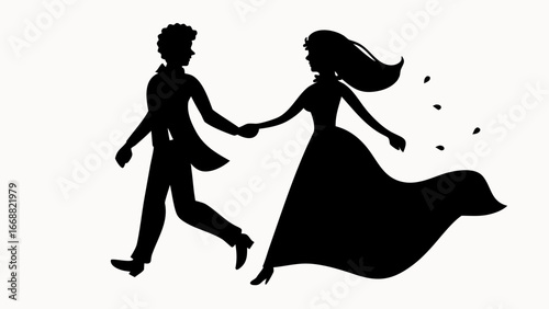 Silhouette of a bride and groom holding hands and running with flower petals falling down around them