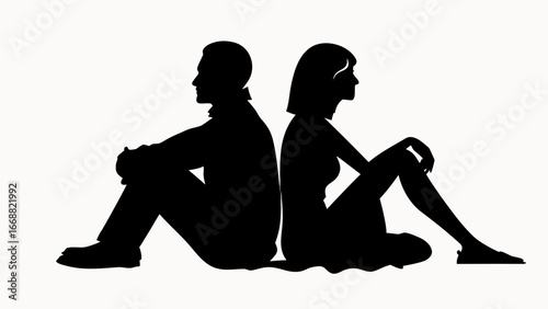 Silhouette of a man and woman sitting back to back in a seated position against a white background