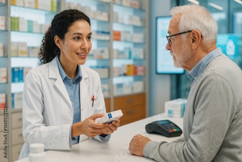 Healthcare professional assisting an elderly patient in a pharmacy setting