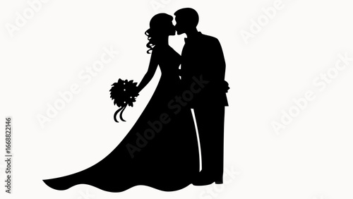 Silhouette of a bride and groom kissing with the bride holding a bouquet in a black and white image