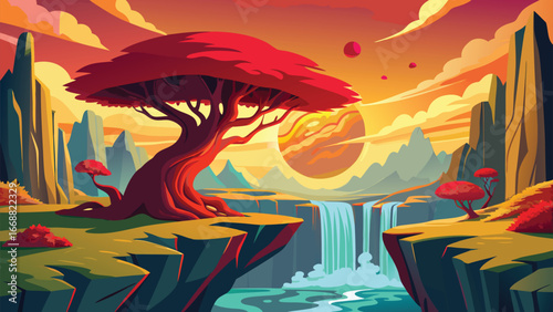 A serene mountain scene featuring a tall tree beside a cascading waterfall surrounded by rocky terrain..eps
