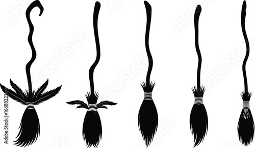 Broomstick silhouettes, witch broom designs, fantasy flying broom icons, Halloween symbol vector, magical transportation illustration, black and white, traditional and stylized bristle set