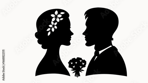 Silhouette of bride and groom facing each other with a bouquet and floral headpiece design element