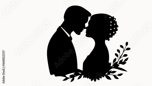 Silhouette of a couple facing each other with floral accents in a romantic black and white design