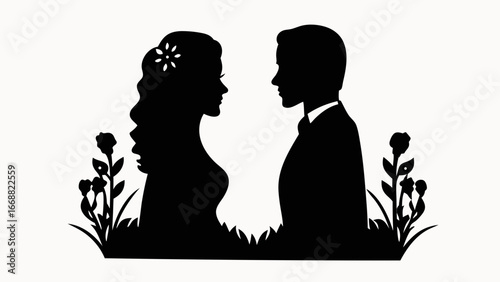 Silhouette of a bride and groom facing each other with flowers at their feet in a black and white design