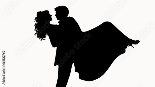 Silhouette of a groom carrying his bride in his arms with her dress flowing in the wind on white background