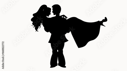Silhouette of a man carrying a woman in his arms with a flowing dress in black and white