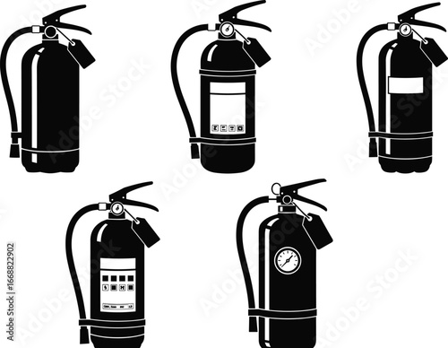 Fire extinguisher silhouettes set, safety equipment vector icons, firefighting tools illustration, black and white emergency device designs for safety and hazard prevention