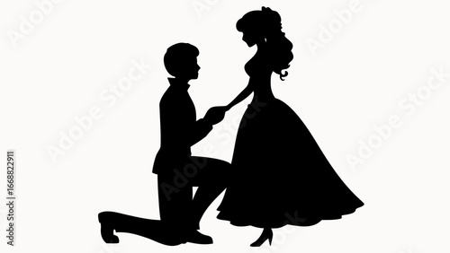 Silhouette of a man proposing to a woman in a dress with a white background in a romantic scene