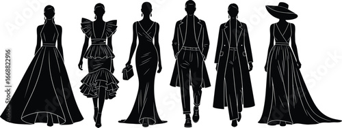 Fashion model silhouettes, high-fashion outfits, gowns and coats, avant-garde designs, formal and dramatic styles, black vector illustration, runway and couture design reference