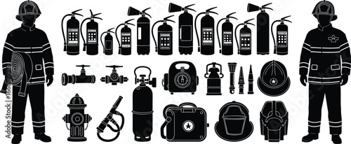 Firefighting equipment and firefighter silhouettes, fire extinguishers, hydrant, hose, helmet, axe, safety gear, emergency tools, black vector illustration, rescue service icons