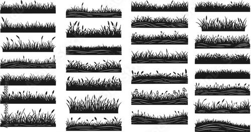 Set of horizontal banners of meadow silhouettes with grass. hand drawn.  Vector illustration.
