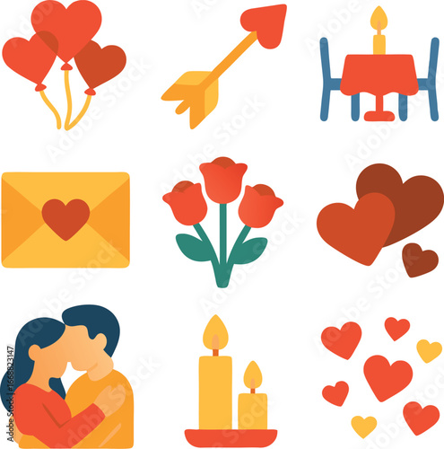 Valentine's Day Collection: A vibrant collection of romantic symbols that captures the essence of love, designed in a cheerful, vector style.  
