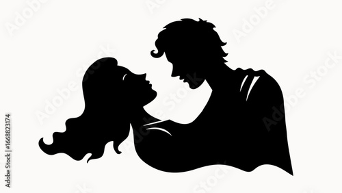 Silhouette of a romantic couple facing each other with black and white contrast art design