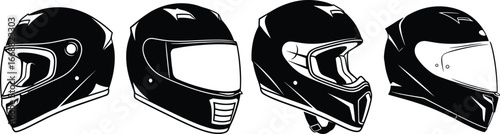 Motorcycle helmet silhouettes, full face and off road designs, biker safety gear, racing helmet vector, motocross style, protective headgear illustration set