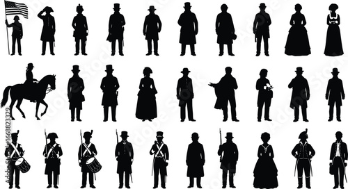 Set of thirty American historical figure silhouettes, black vector illustration of patriotic characters from different eras for history, education, and cultural themes