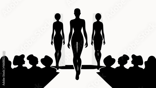 Silhouette fashion show with three models walking the runway and audience in the foreground view