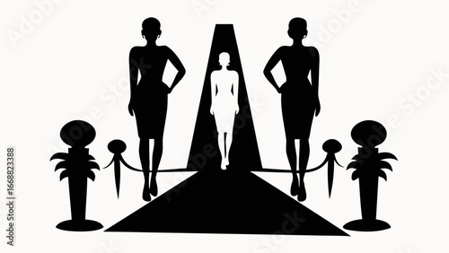 Silhouette fashion show with model on runway flanked by women and velvet rope posts in black and white