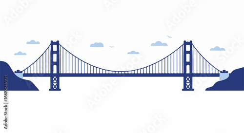 A detailed illustration of an iconic suspension bridge crossing a body of water, connecting two landmasses, with clouds overhead 