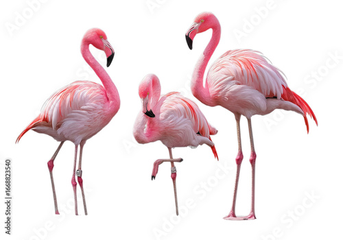 three pink flamingos standing on the ground, against a white background,