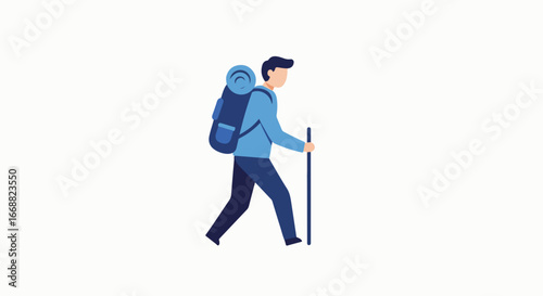 Adventurous hiker with backpack and walking stick enjoying a scenic hike