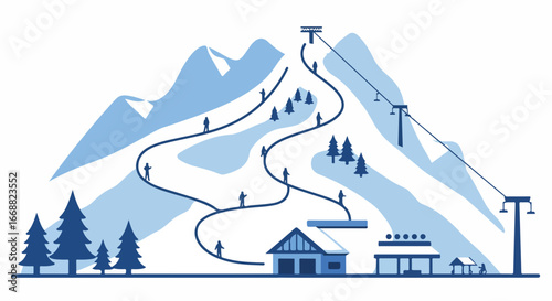 Snowy mountain scene with a ski resort in winter, the blue tones are enhanced in the illustration, with skiers ascending on the lift, creating an active, yet peaceful, environment