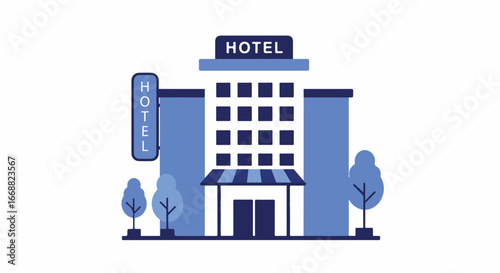 A simplified cartoon image of a hotel building, showcasing its facade, entrance, and sign
