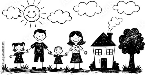 Family children's drawing with colored pencils. hand drawn. Vector illustration
