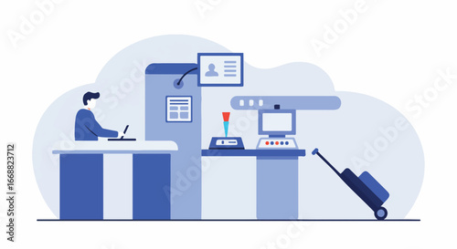 Airport check-in desk with an illustration of a person at the desk