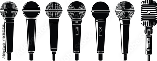 Vector set of different microphone designs, various styles and shapes, audio equipment icons for music, podcast, broadcasting, and live performance themes