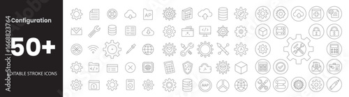 Configuration icon set. Containing gear, settings panel, sliders, control panel, system preferences, admin tools, API settings, and more. Editable line icons. Vector illustration