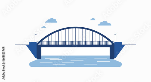 A minimalist illustration of a bridge over a river, depicting a scenic structure in blue hues. The image captures the essence of architectural design against a serene water body and cloudy sky