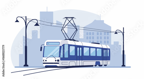 A modern tram travels down a city street, with buildings in the background and streetlights lining the road. The tram is sleek and stylish, with clean lines and a contemporary design