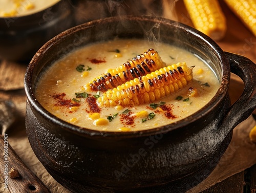 Creamy corn soup with grilled corn served in a rustic bowl at a cozy kitchen setting in early afternoon light