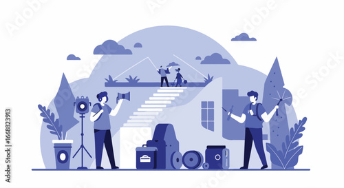 A professional filmmaker with their filming equipment is captured in a beautiful illustration
