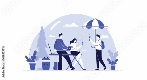 A cafe scene with individuals at a table, possibly outdoors with an umbrella, working on a laptop and enjoying drinks