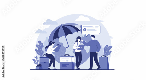 Illustration of a team working under an umbrella. The scene depicts a group of individuals collaborating to complete a task, shielded by a protective umbrella.