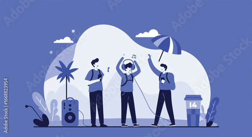 Friends enjoy listening music together while socializing outdoors. They are relaxed and enjoying their time together