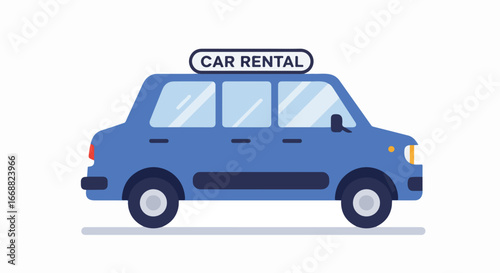 A blue car with a car rental sign on its roof. The car appears to be available for rent