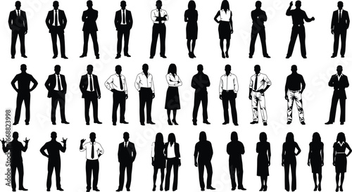 Diverse human silhouettes set, male and female figures, business and casual attire, standing poses vector, professional and everyday people black and white illustration