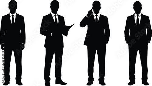 Silhouettes of businessmen in suits and ties, various professional poses and activities, corporate attire and body language, vector design reference set