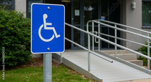 Accessible Entrance with Ramp and Handicap Sign.