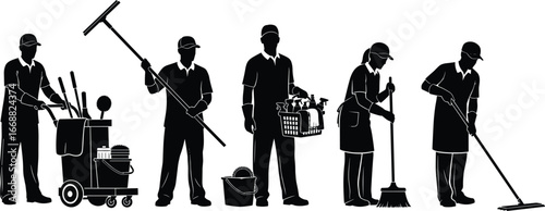 Cleaning staff silhouettes, janitorial work, sweeping, mopping, window cleaning, carrying supplies, vector illustration, black and white style, minimalist worker design, stock art