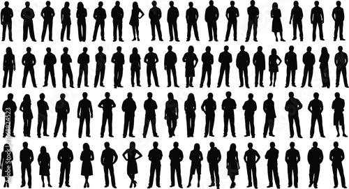 Human silhouettes in diverse poses, various stances and clothing outlines, posture and gesture study, black vector illustration, fashion and design reference icons