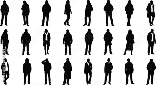 Silhouettes of people in various poses, formal and casual clothing, standing figures, fashion design reference, posture study, black vector illustration, human stance icons