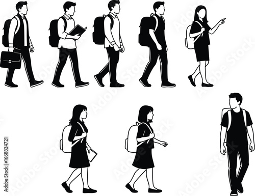 Walking people silhouettes, various poses, carrying backpacks, briefcases, books, papers, casual and semi-formal attire, vector illustration, black and white style, minimalist design, stock art