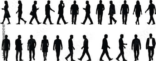 Silhouettes of people walking and standing, side profile poses, casual and mobile device use, human posture and movement study, vector design reference set