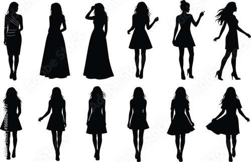 Silhouettes of women in different poses and outfits, fashion styles and postures, body language study, vector design reference set for illustration