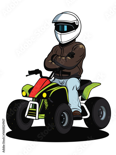 Cartoon ATV Rider with White Helmet and Brown Jacket Striking a Confident Pose on a Green and Red Quad Bike